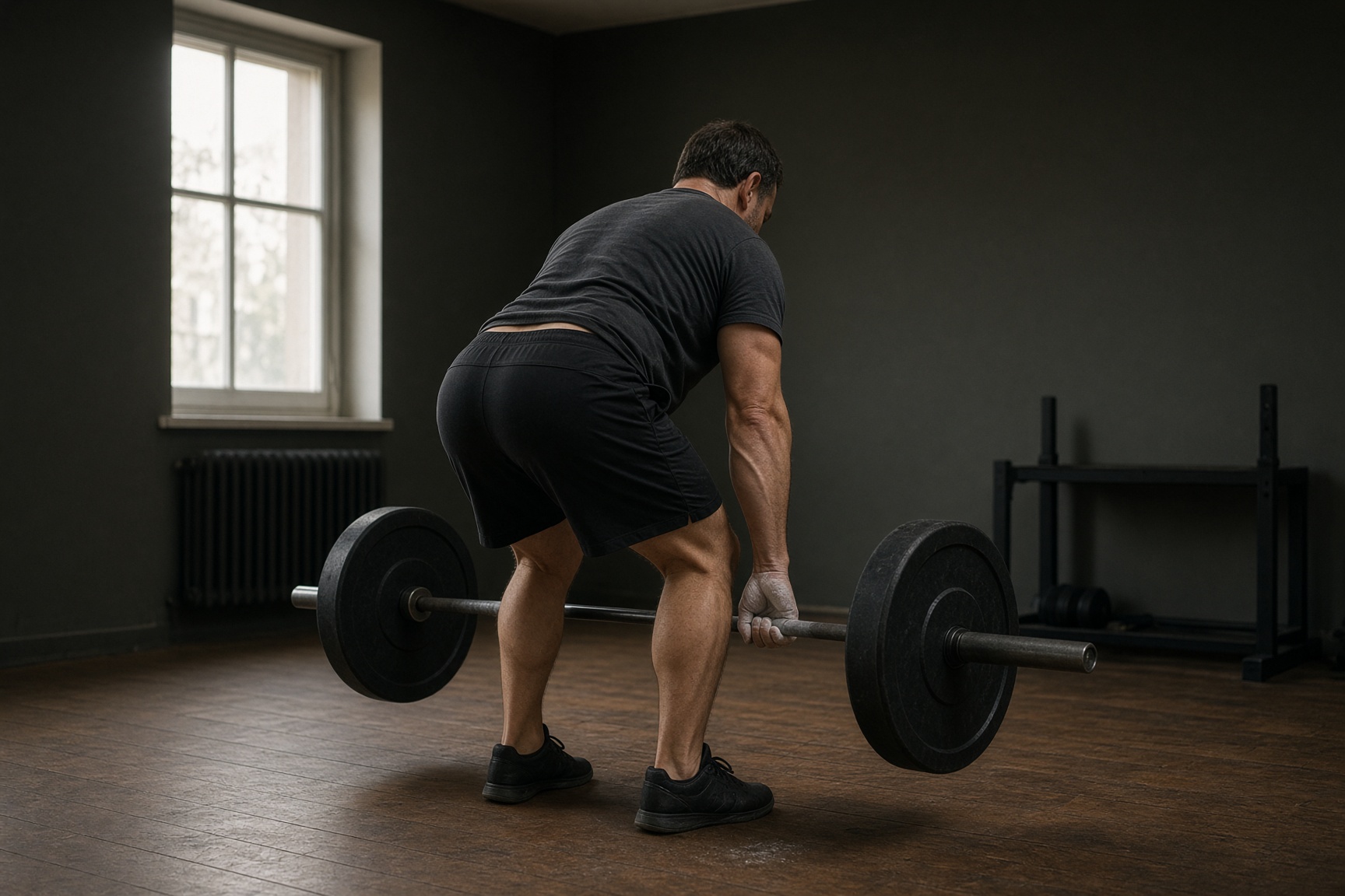 A person mid-deadlift in a quiet home gym, photographed from behind.