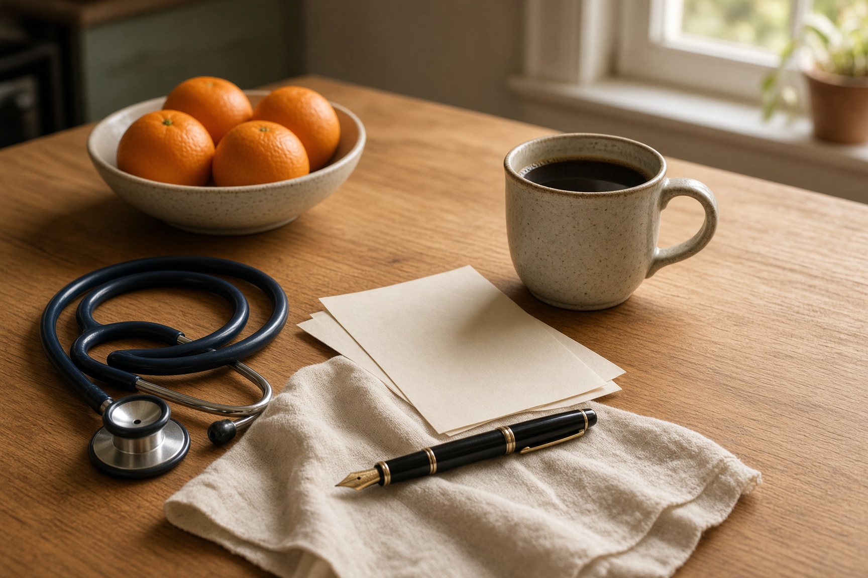 A stethoscope, pen, and coffee on a kitchen table in morning light.
