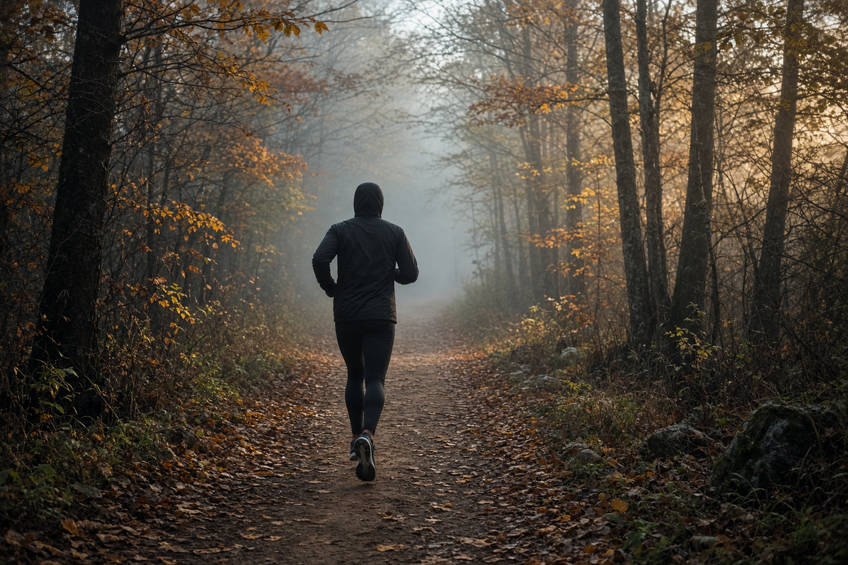 A runner on a wooded New England trail in early morning mist.